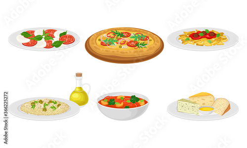 Italian Dishes with Pasta and Pizza Served on Plates Side View Vector Set