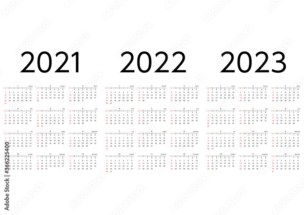 21年から23年の日曜始まり3年カレンダー Stock Vector Adobe Stock