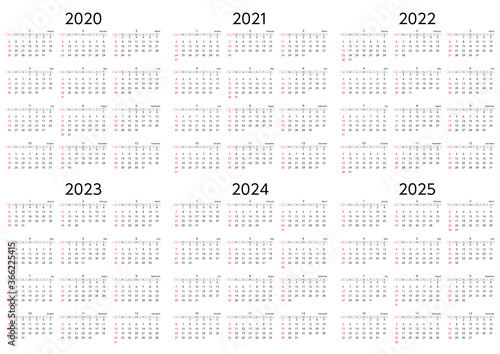2020年から2025年の日曜始まり6年カレンダー