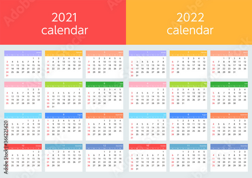 2021年と2022年の日曜始まりカラフルカレンダー