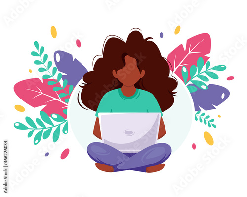 Black woman sitting with laptop. Black woman freelancer. Freelance, online studying, remote work concept. Vector illustration in a flat style.