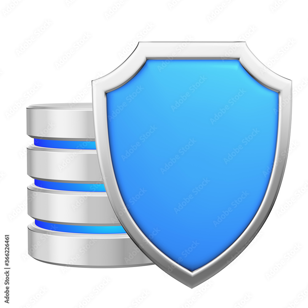 Data base behind metal blue shield data protection concept Data base behind metal blue shield data protection concept