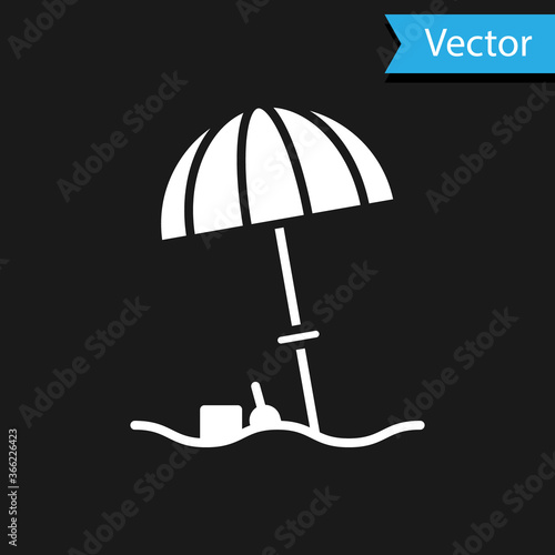 White Sun protective umbrella for beach icon isolated on black background. Large parasol for outdoor space. Beach umbrella. Vector Illustration.