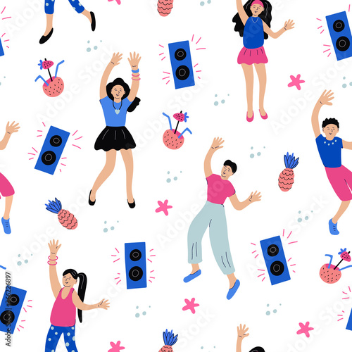 Vector seamless pattern with joyful dancing people, pineapples, coconut cocktails, music speakers on white background. Cheerful boys and girls, teens. Blue, pink and black colors. Funny characters.