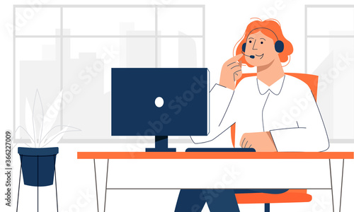 Female office worker making online call with the customer to avoid direct contact. Back to office after the quarantine lockdown. New normal rules of prevention the second wave of coronavirus.
