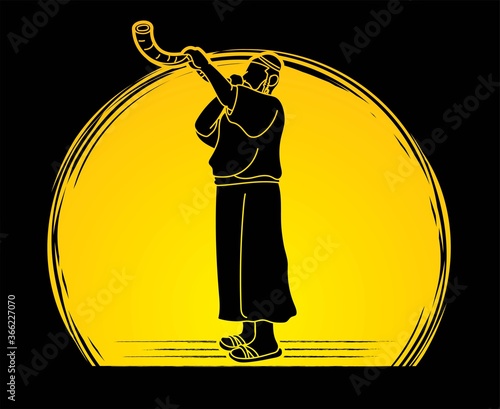 Jewish blowing the Shofar horn cartoon graphic vector