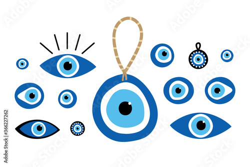 Set, collection of nazar amulets, evil eye protection talismans. Turkish blue eye-shaped amulets.  photo
