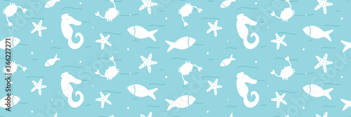 Wide horizontal sea life vector seamless pattern background with silhouettes of fishes, crabs, sea horses and starfishes.