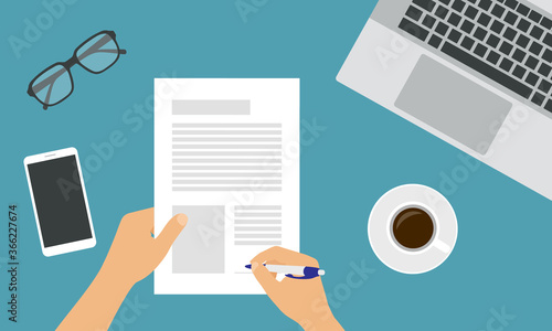 Flat design illustration of office workspace. Hands signing a paper contract with a ballpoint pen. Laptop and mobile phone on green background, vector