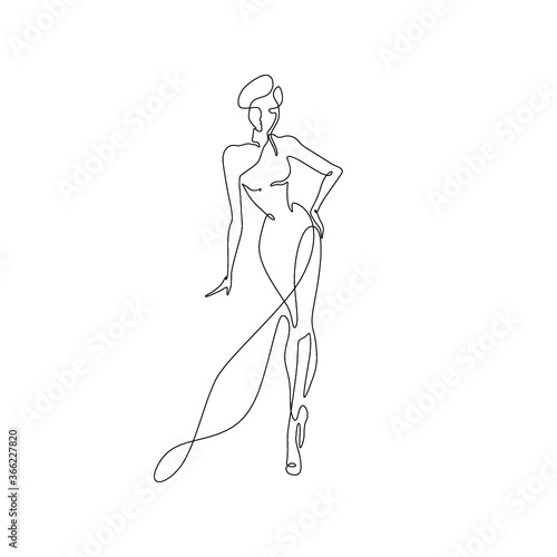 Beautiful fashion woman abstract silhouette  continuous line drawing  girl in long dress  single line on a white background  isolated vector illustration. Tattoo  print and logo design  beauty salon. 