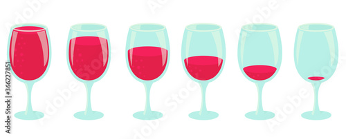 Drinking process. Different amount of drink. Set of glasses with red drink. Pour the wine. Small to large beverage. Animation progression stages vector infographic.