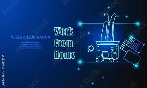 Glowing illustration of work at home on blue abstract background. 