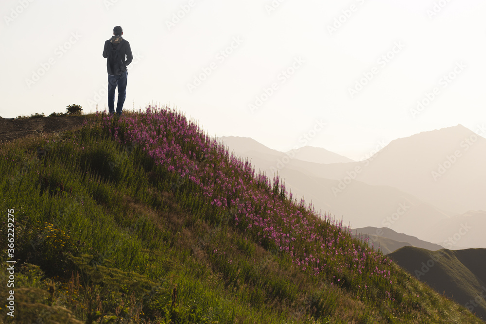 Young man tourist with a backpack admires the sunset at dawn in the mountains against the background of flowering slopes