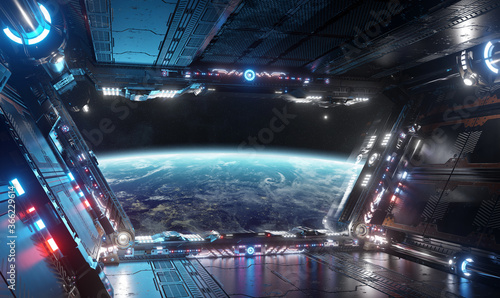 Fototapeta Naklejka Na Ścianę i Meble -  Blue and red futuristic spaceship interior with window view on planet Earth 3d rendering