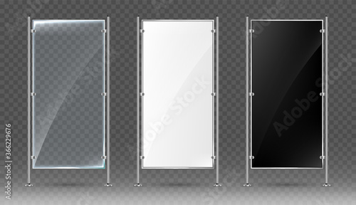 Vector set of empty banner stand on metal racks. Blank advertising template mockup. Empty exhibition vertical stand banner