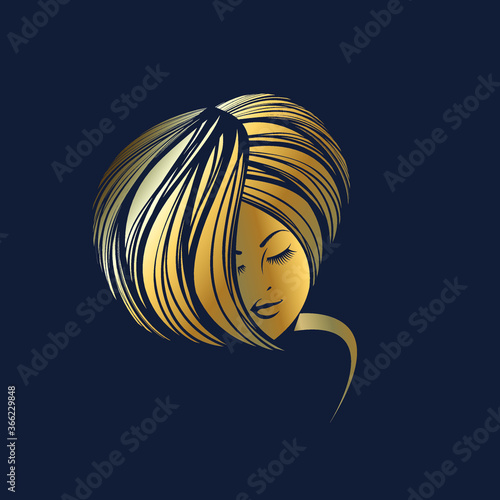 Beautiful woman with Afro hairstyle and elegant makeup.Hair salon and beauty studio logo.Cosmetics and spa illustration.Young lady portrait.Cute face.Shiny golden color.