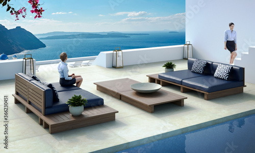 Outdoor tables and sofas for terrace overlooking sea in Oia © RogerVila Studio