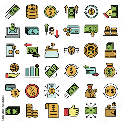 Cash back icons set. Outline set of cash back vector icons thin line color flat on white