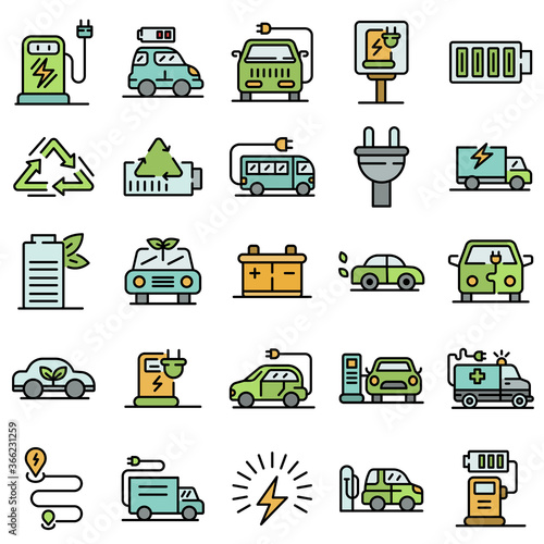 Electrical refueling icons set. Outline set of electrical refueling vector icons thin line color flat on white