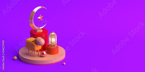 3d-illustration islamic holiday concept. Wood sheep, arabic lantern, crescent, star, balls