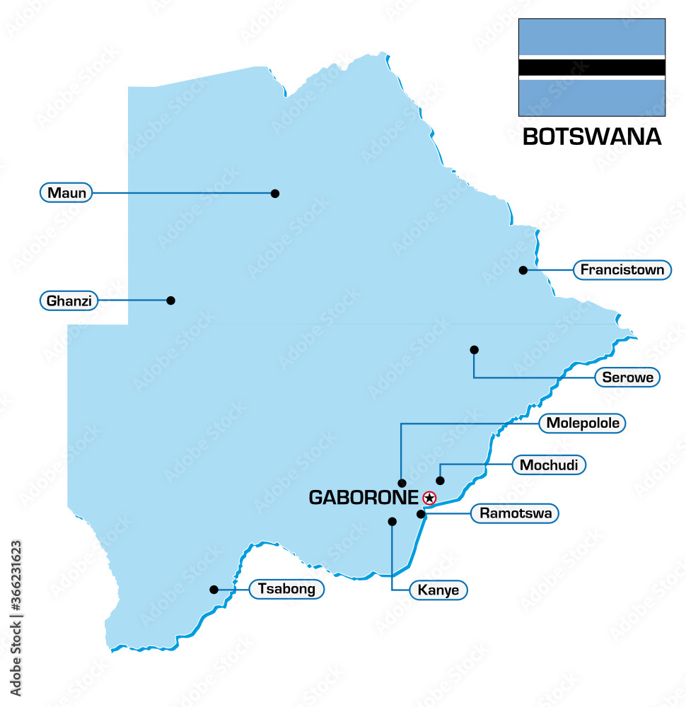 Vector map of Botswana with flag and main cities