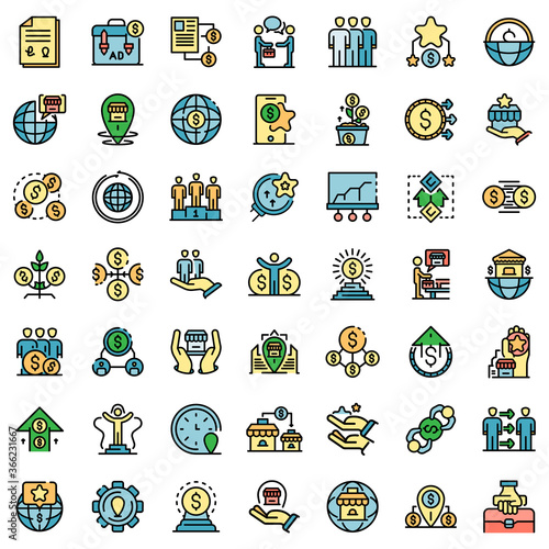 Franchise icons set. Outline set of franchise vector icons thin line color flat on white