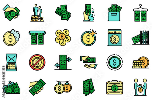 Money laundering icons set. Outline set of money laundering vector icons thin line color flat on white