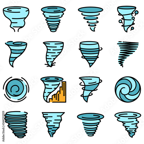 Tornado icons set. Outline set of tornado vector icons thin line color flat on white