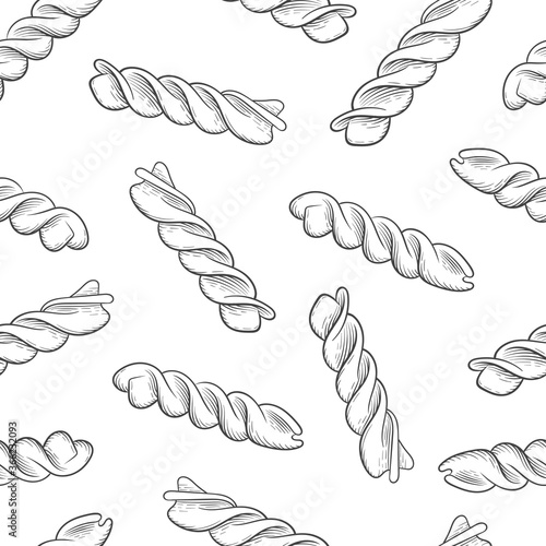 Italian Fusilli pasta, seamless background. Drawing engraving, ink, line art. Traditions of Italian cuisine. For menu design, packaging, interior etc. Vector drawing isolated on a white background.
