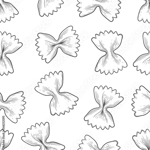 Italian Farfalle pasta, seamless pattern. Hand-drawn sketch in the style of engraving. Traditions of Italian cuisine. For menu design, packaging, etc. Vector drawing isolated on a white background.