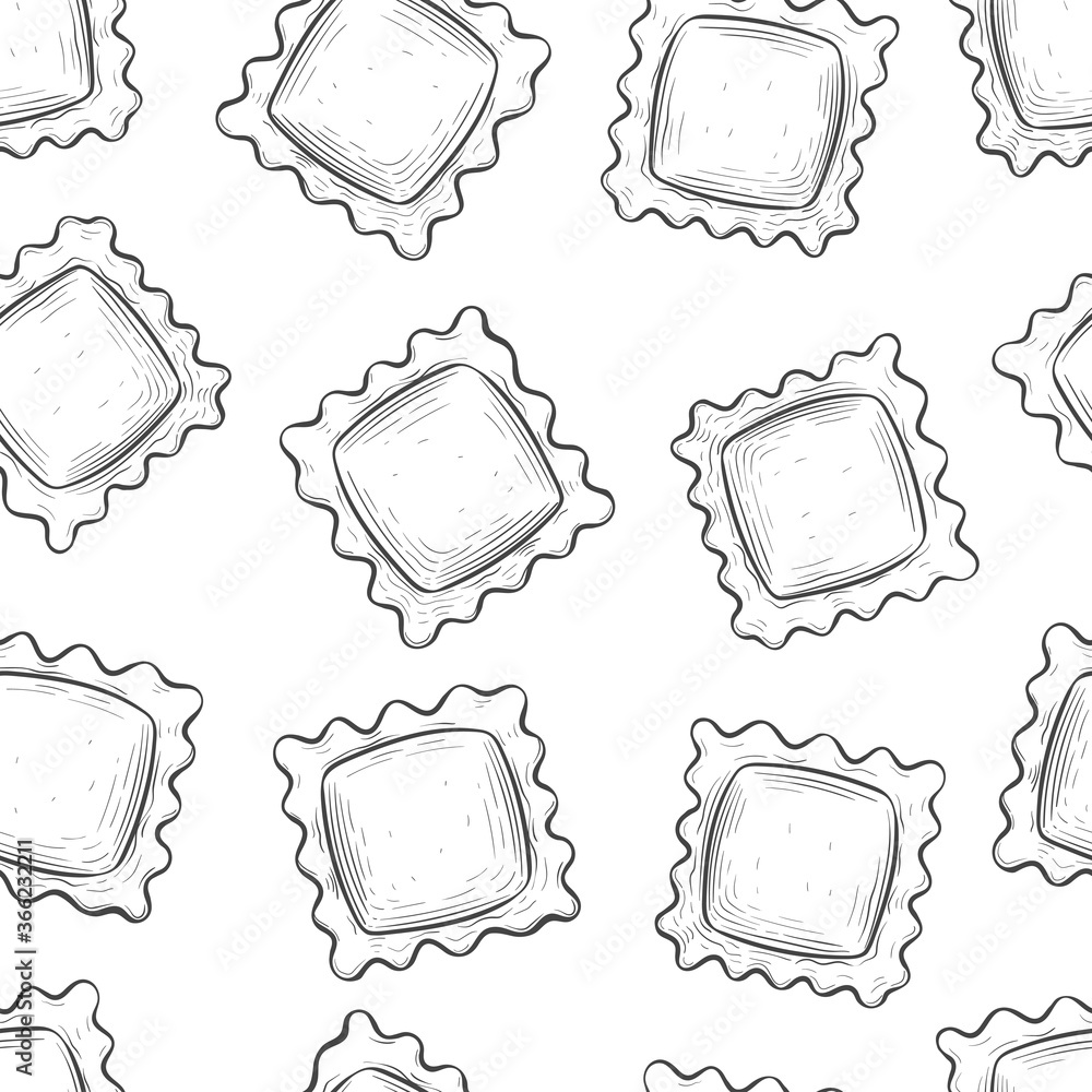 Ravioli pasta, seamless background. Italian cuisine. Detailed illustration in the style of hand