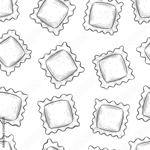 Ravioli pasta, seamless background. Italian cuisine. Detailed illustration in the style of hand drawing, engraving, outline, retro. Design for labels, packaging, postcards. Isolated on white. Vector.