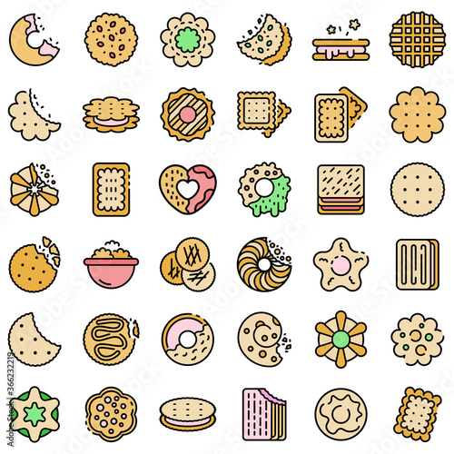 Cookie icons set. Outline set of cookie vector icons thin line color flat on white