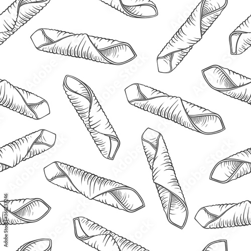 Garganelli Italian pasta, isolated on white. Seamless background. Pasta italiana package design element. Pasta secco for cook or recipe book. Simple quick side dish for vegetarian. Vector.