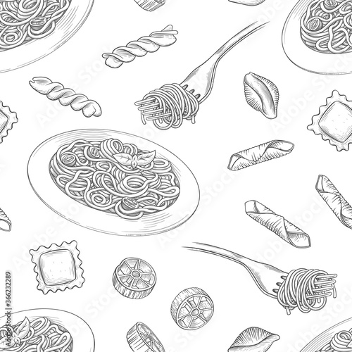 Seamless background, spaghetti on a plate, fork with spaghetti Vector vintage black engraving isolated on a white background.  Italian pasta. A hand-drawn design element for the menu. Vector.