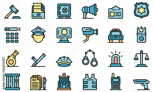 Police station icons set. Outline set of police station vector icons thin line color flat on white