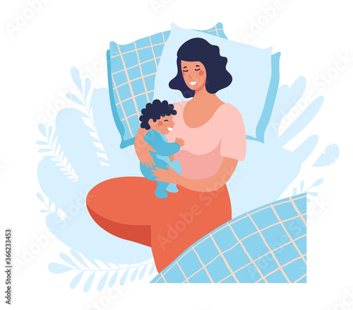 A young mother sleeps with a newborn baby. Joint sleep with a baby. The woman sleeps, smiles and hugs her son. Flat vector illustration