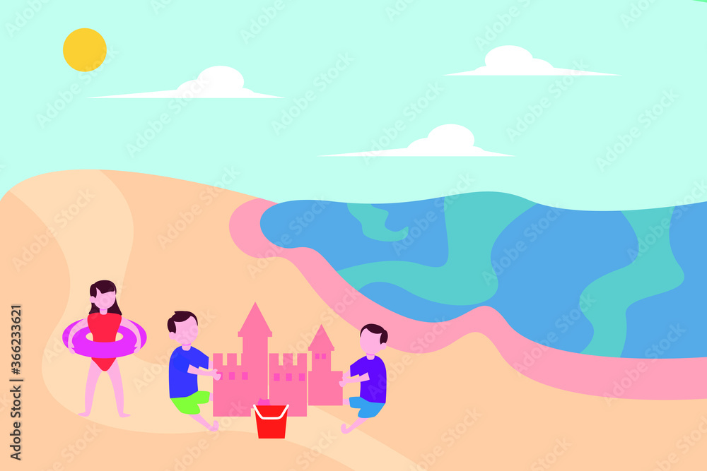 Summer vector concept: group of children playing with sand castles at the beach during summer