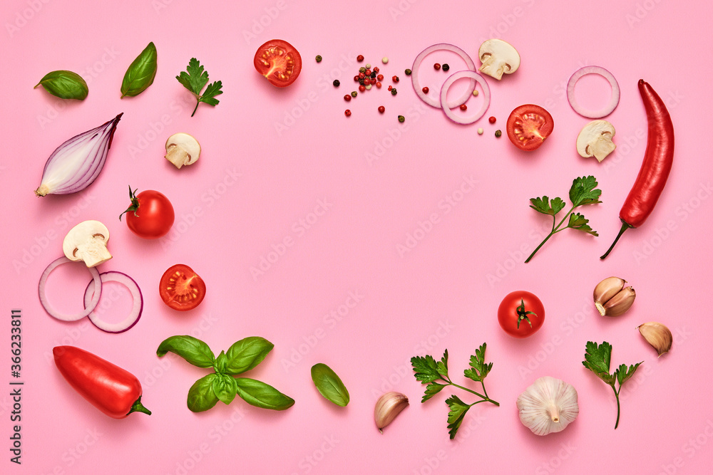 Tomato, basil, spices, bell chili pepper, garlic. Vegan diet food, creative composition on pink. Fresh basil, cherry tomatoes, bell pepper layout, cooking colorful concept, top view. Tomato, basil, spices, bell chili pepper, garlic. Vegan diet food, creative composition on pink. Fresh basil, cherry tomatoes, bell pepper layout, cooking colorful concept, top view.