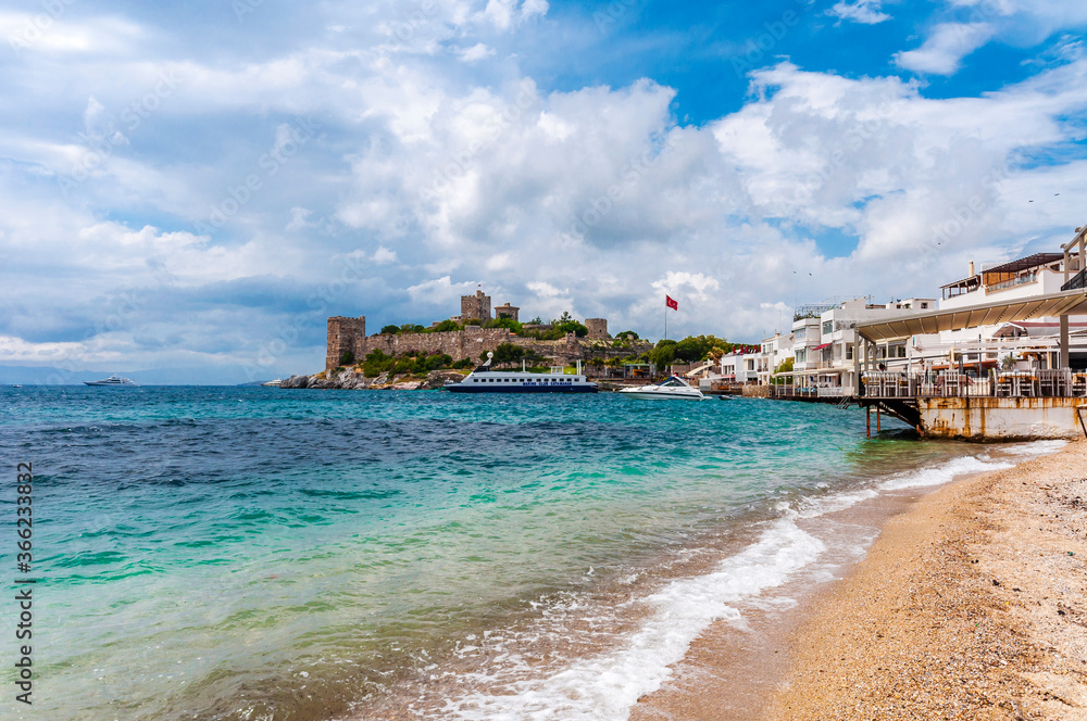 Bodrum Castle view from beach. Bodrum is populer tourist destination in Turkey.