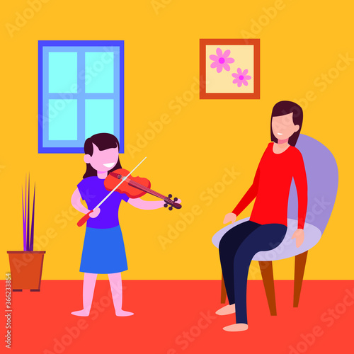 Motherhood vector concept: girl playing violin in front of her mother