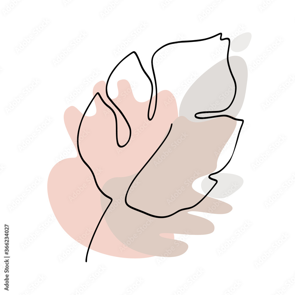 One line art tropical leaf. Elegant outline drawing. Modern abstract floral art and shapes isolated on white background. Pastel color palette combined with black graphics. Vector illustration. One line art tropical leaf. Elegant outline drawing. Modern abstract floral art and shapes isolated on white background. Pastel color palette combined with black graphics. Vector illustration.