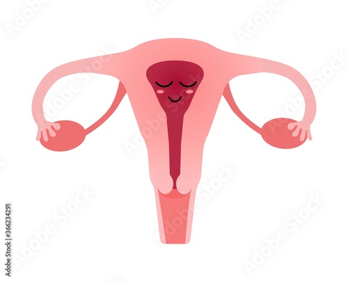 Cute cartoon uterus in flat style with funny smiling face. Hand drawn kawaii vector illustration.