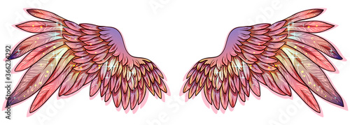 Beautiful magic gradient glittery pink blue yellow vector angel wings