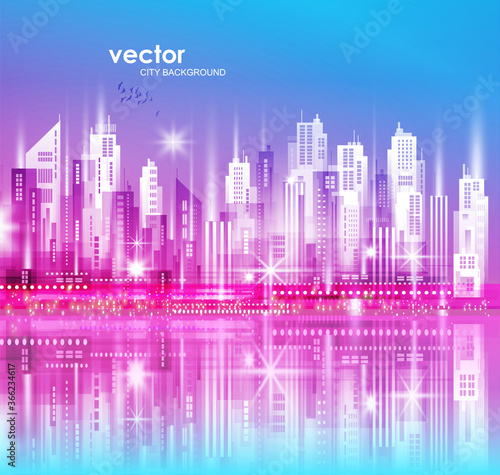 Modern City skyline with reflection in water. Illustration with architecture  skyscrapers  megapolis  buildings  downtown.