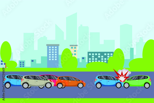 Traffic accident vector concept: two cars colliding each other on the road in the middle of heavy traffic