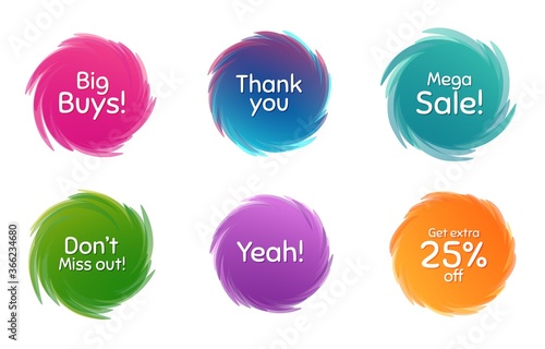 Swirl motion circles. Mega sale, 25% discount and miss out. Thank you phrase. Sale shopping text. Twisting bubbles with phrases. Spiral texting boxes. Big buys slogan. Vector