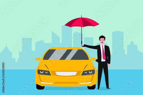 Car insurance vector concept: businessman holding an umbrella next to his car
