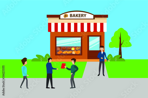 Bakery property handover vector concept: group of businessmen having an exchange of the bakery handover