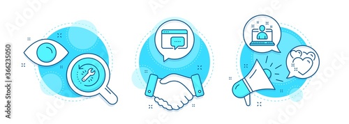 Recovery tool, Best manager and Heart line icons set. Handshake deal, research and promotion complex icons. Seo message sign. Backup info, Best developer, Love. Support chat. Vector